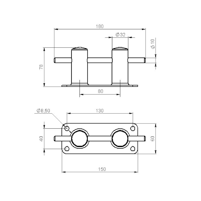 Кнехт двойной 32 мм с основанием, арт. 020205T,          Техномарин 