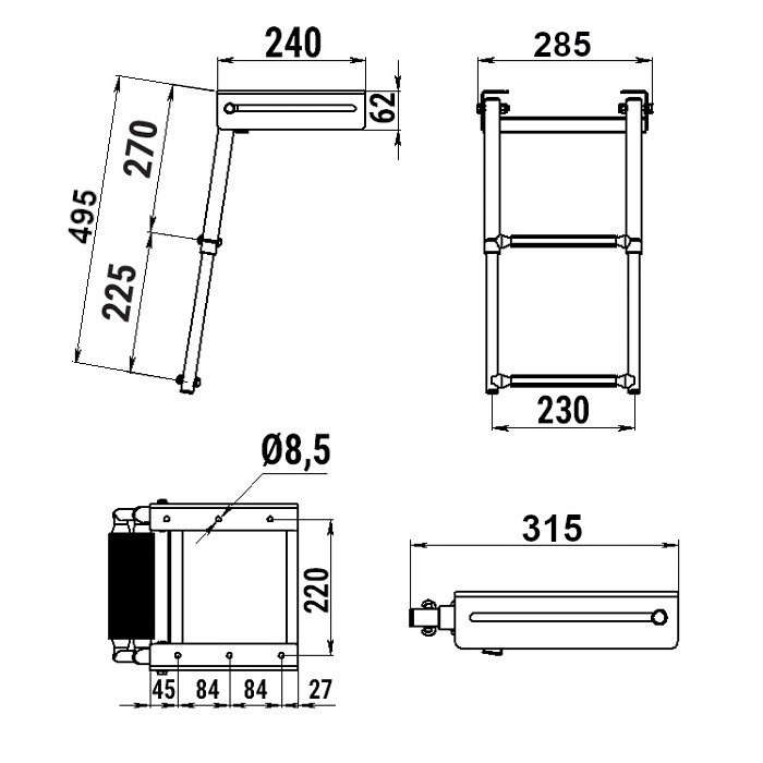 Трап телескопический выдвижной, 2 белых ступени (ширина 285 мм.), арт. 040104WT,          Техномарин 