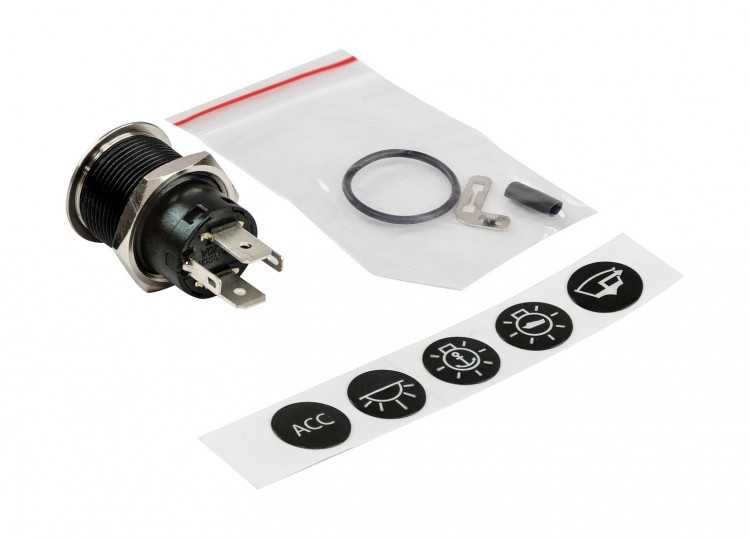 Кнопка без фиксации, подсветка красная, наклейки, 12 В, 20А, 19мм, арт. PB4511TR,          Yih Sean  Кнопка без фиксации, подсветка красная, наклейки, 12 В, 20А, 19мм, арт. PB4511TR,          Yih Sean