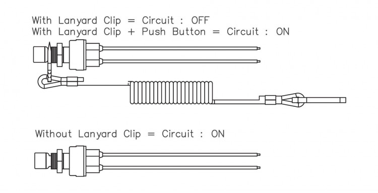 Кнопка аварийной остановки с чекой, 12 В 12-15 А, НЗ, провод 8 см, арт. AES121312C1,          AES.Co 