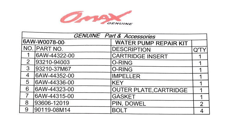 Ремкомплект помпы Yamaha F300-F350, арт. 6AWW007800_OM,          OMAX 