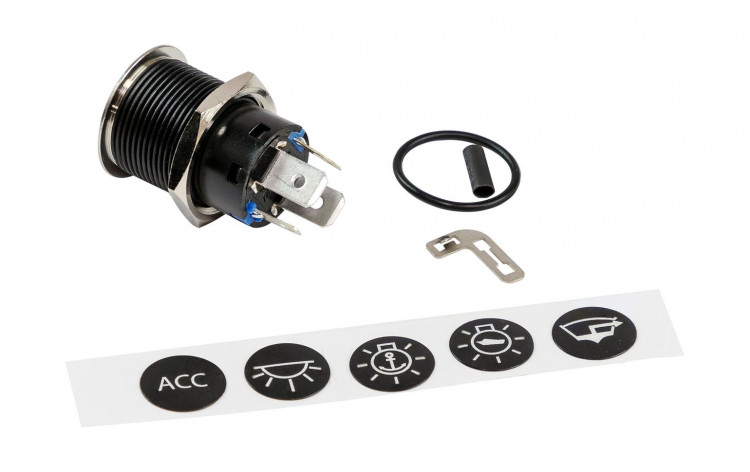 Кнопка с фиксацией, подсветка синяя, наклейки, 12 В, 20А, 19мм, арт. PB4511TLB,          Yih Sean  Кнопка с фиксацией, подсветка синяя, наклейки, 12 В, 20А, 19мм, арт. PB4511TLB,          Yih Sean