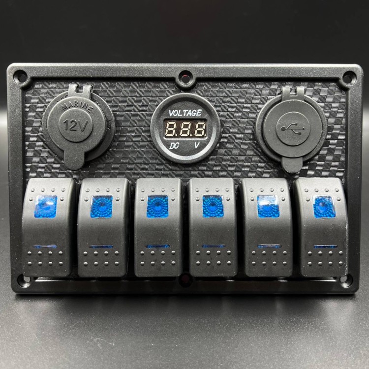Панель управления (6 тумблеров вкл/выкл, 2 USB, розетка 12V, вольтметр) (PREMARINE), арт. SF50802-6H1P1UC1V,          PREMARINE 