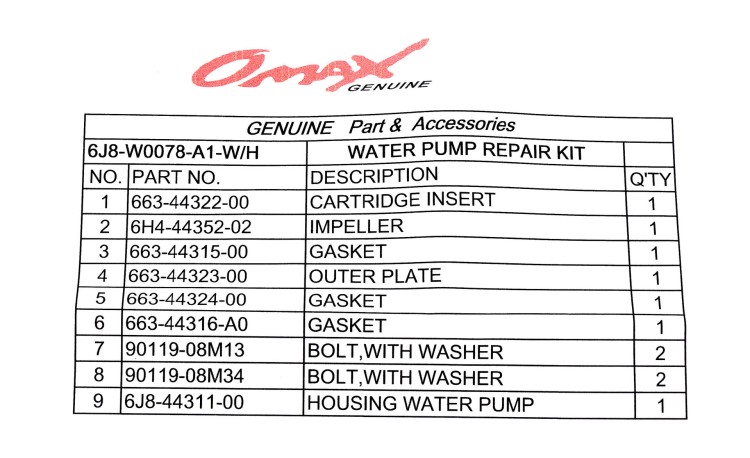 Ремкомплект помпы с корпусом Yamaha 25-30D, арт. 6J8W0078A2_WH_OM,          OMAX 