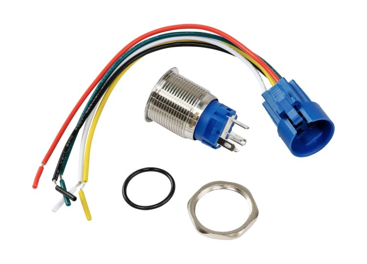 Кнопка без фиксации в комплекте с контактным разъемом, 12/24 В 5А, OFF-(ON) 5P, D22 синяя подсветка, арт. MR505KB,          Marine Rocket 