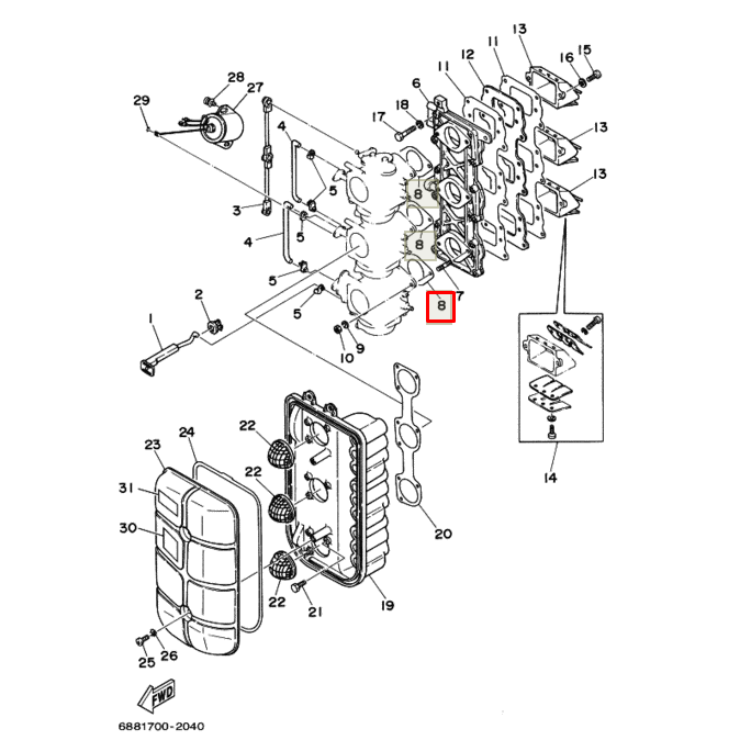 Прокладка впускного коллектора Yamaha 50-85 (без упаковки), арт. 688-14198-A2-TW,          РРЦ РАЗНОЕ 