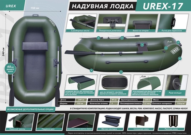 Надувная лодка ПВХ UREX-17, для сплава, зеленая, арт. UR-17,          Urex 