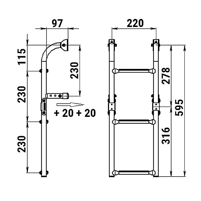 Трап складной с вертикальным креплением, 3 серых ступени (ширина 220 мм.), арт. 040171GT,          Техномарин 