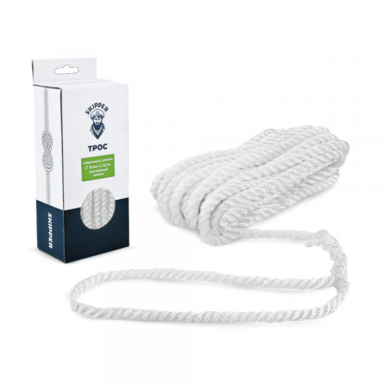 Трос швартовый с огоном  плетеный, 8мм*10,67м, нейлон, белый, SK-TDNBR81067W-ts, арт. SK-TDNBR81067W-ts,          Skipper  Трос швартовый с огоном  плетеный, 8мм*10,67м, нейлон, белый, SK-TDNBR81067W-ts, арт. SK-TDNBR81067W-ts,          Skipper