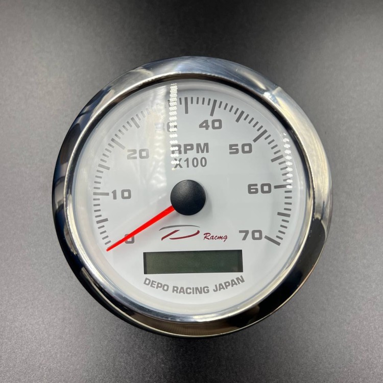 Тахометр 0-7000 об/мин д.85мм (белый, хромированный ободок) (DEPO), арт. DPN85TAHRW-70,          DEPO 
