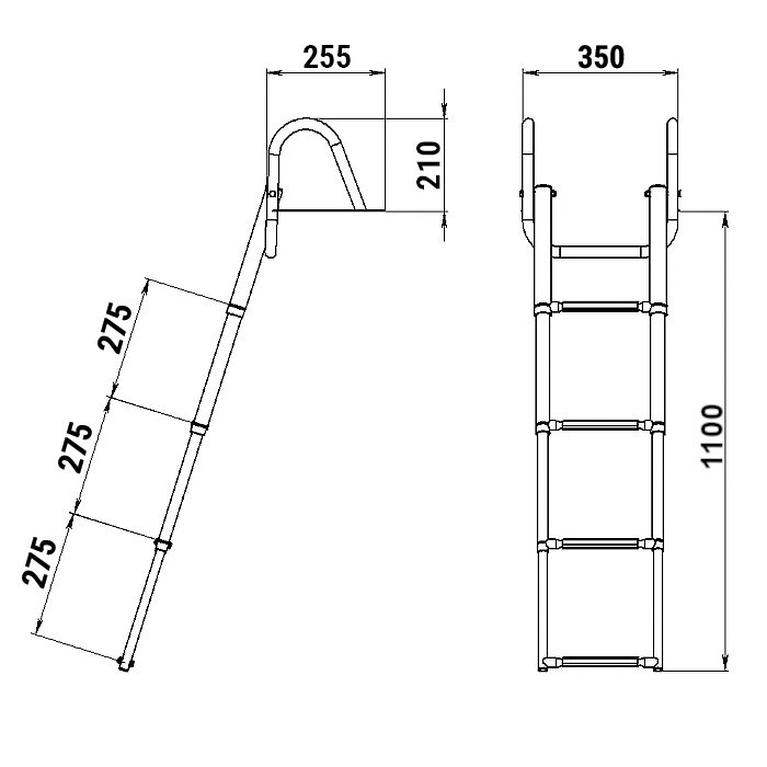 Трап телескопический с поручнем, 4 черных ступени (ширина 350 мм.), арт. 040109BT,          Техномарин 