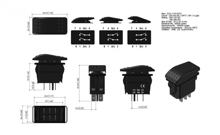 Переключатель трехпозиционный ON-ON-ON 12 В/20А 6Р, арт. 4620136052948,          MARINE ROCKET 