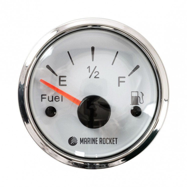 Указатель уровня топлива 0-190 Ом (ЕВРО), белый циферблат, нержавеющий ободок, д. 52 мм, арт. FLM0002WSMR,          MARINE ROCKET 