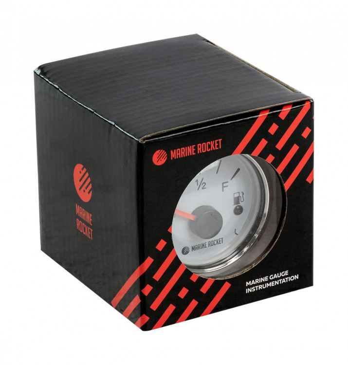 Указатель уровня топлива 0-190 Ом (ЕВРО), белый циферблат, нержавеющий ободок, д. 52 мм, арт. FLM0002WSMR,          MARINE ROCKET 