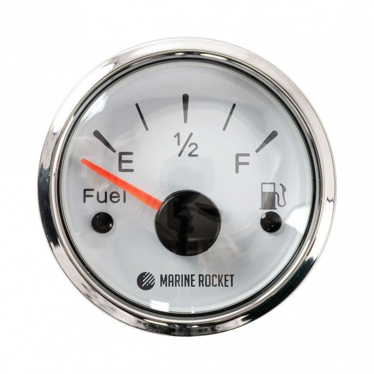 Указатель уровня топлива 0-190 Ом (ЕВРО), белый циферблат, нержавеющий ободок, д. 52 мм, арт. FLM0002WSMR,          MARINE ROCKET 