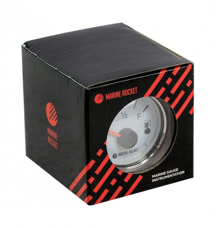Указатель уровня топлива 0-190 Ом (ЕВРО), белый циферблат, нержавеющий ободок, д. 52 мм, арт. FLM0002WSMR,          MARINE ROCKET 