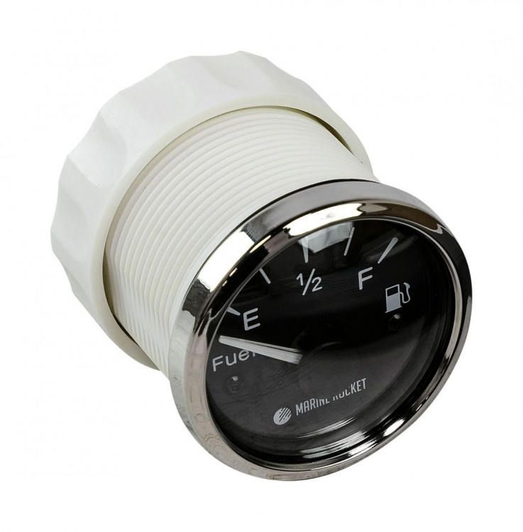 Указатель уровня топлива 0-190 Ом (ЕВРО), черный циферблат, нержавеющий ободок, д. 52 мм, арт. FLM0003BSMR,          MARINE ROCKET 