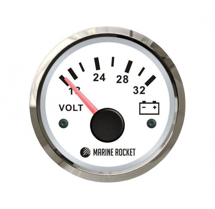 Вольтметр аналоговый 18-32 В, белый циферблат, нержавеющий ободок, д. 52 мм, арт. VMA1832WSMR,          MARINE ROCKET 