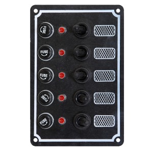 Панель выключателей, 5 тумблеров с колпачками, светодиодные индикаторы, алюм