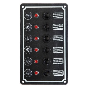 Панель выключателей, 6 тумблеров с колпачками, светодиодные индикаторы, алюм