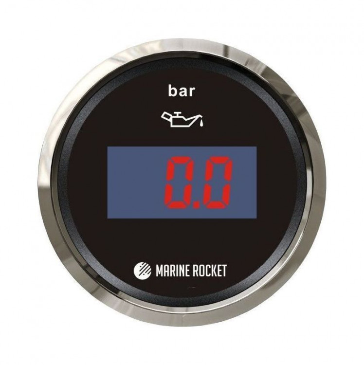 Указатель давления масла цифровой 0-5 бар, черный циферблат, нержавеющий ободок, д. 52 мм, арт. PGD0005BSMR,          Marine Rocket  Указатель давления масла цифровой 0-5 бар, черный циферблат, нержавеющий ободок, д. 52 мм, арт. PGD0005BSMR,          Marine Rocket