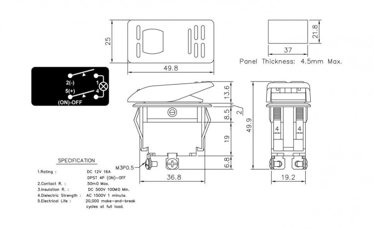 Переключатель двухпозиционный (ON)-OFF 12В/16А 4Р с подсветкой без фиксации 1 положения, арт. AES111854M,          AES.Co  Переключатель двухпозиционный (ON)-OFF 12В/16А 4Р с подсветкой без фиксации 1 положения, арт. AES111854M,          AES.Co