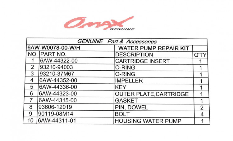 Ремкомплект помпы с корпусом Yamaha F300-F350, арт. 6AWW007800_WH_OM,          OMAX 
