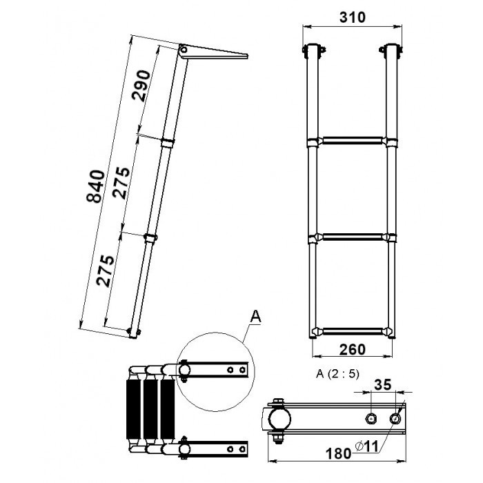 Трап телескопический складной, 3 белых ступени (ширина 310 мм.), арт. 040102WT,          Техномарин 