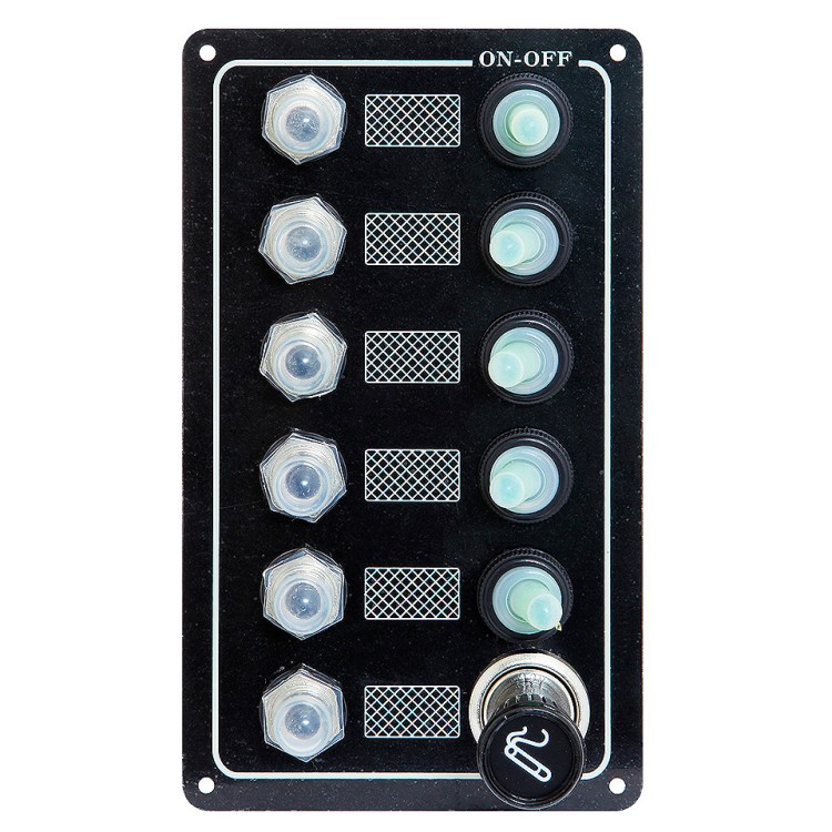 Панель выключателей, 5 тумблеров с колпачками, авт. предохр, прикуриватель, алюм, арт. 10247867,          TMC 