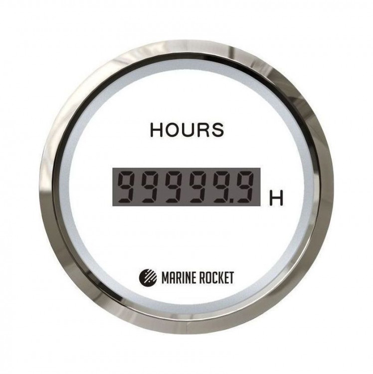 Счетчик моточасов цифровой 0-99999, 9 ч., белый циферблат, нержавеющий ободок, д. 52 мм, арт. HMD0002WSMR,          MARINE ROCKET 