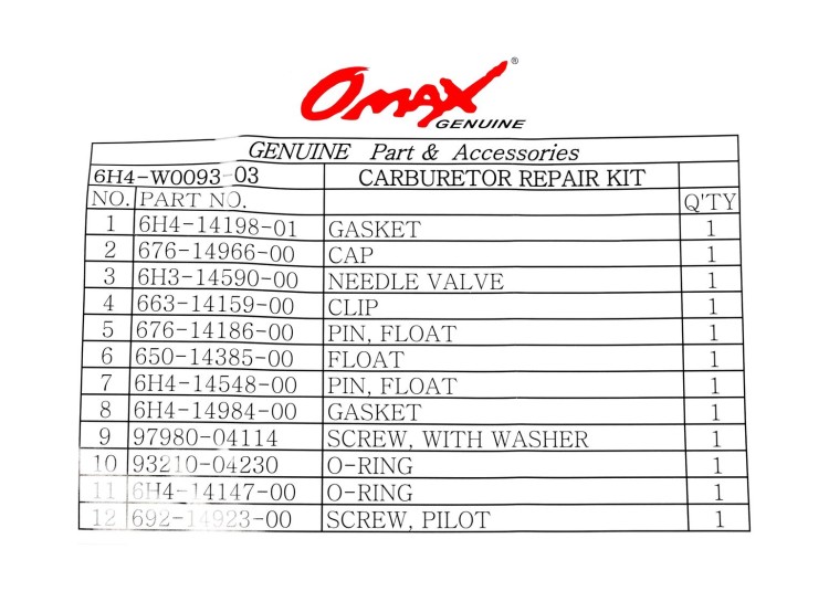 Ремкомплект карбюратора Yamaha 25-50 1CYL, Omax, арт. 6H4W0093031CYL_OM,          Omax 
