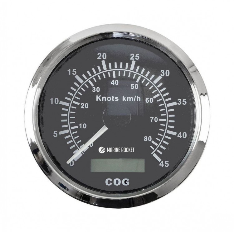 GPS-спидометр аналоговый 0-45 узлов, черный циферблат, нержавеющий ободок, выносная антенна, д. 85 мм, арт. SMAGPS045BSMR,          MARINE ROCKET 