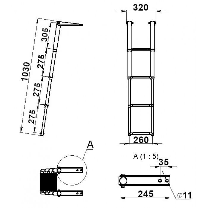 Трап телескопический складной, 4 черных ступени (ширина 320 мм.), арт. 040103BT,          Техномарин 