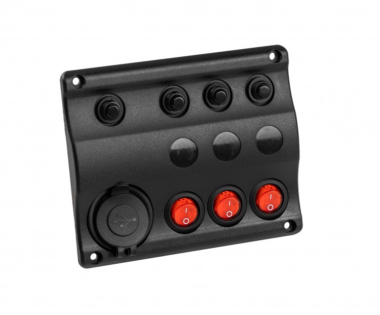 Панель бортового питания 3 переключателя, USB зарядка, индикация, автоматы, арт. 10027-BKU,          AAA  Панель бортового питания 3 переключателя, USB зарядка, индикация, автоматы, арт. 10027-BKU,          AAA