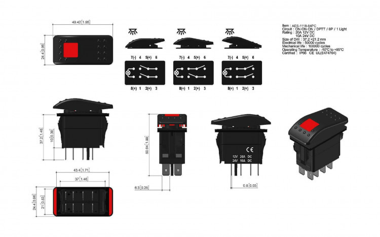 Переключатель трехпозиционный ON-ON-ON 12В/20А 8Р с подсветкой, арт. AES111884PC,          AES.Co  Переключатель трехпозиционный ON-ON-ON 12В/20А 8Р с подсветкой, арт. AES111884PC,          AES.Co
