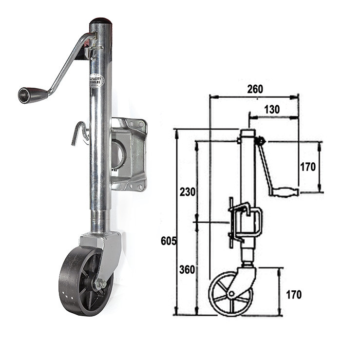 Кронштейн стояночный трейлерный 605мм, колесо пластиковое, арт. 3220-0205,          CIM 