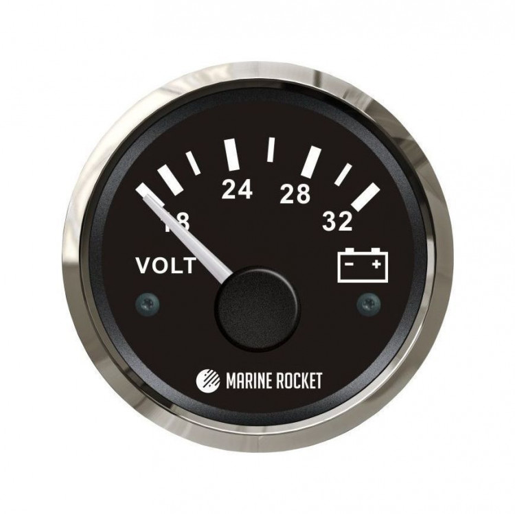Вольтметр аналоговый 18-32 В, черный циферблат, нержавеющий ободок, д. 52 мм, арт. VMA1832BSMR,          MARINE ROCKET 