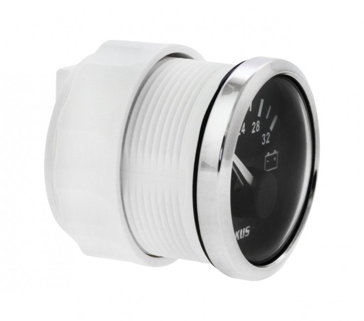 Вольтметр аналоговый 18-32 В, черный циферблат, нержавеющий ободок, д. 52 мм, арт. VMA1832BSMR,          MARINE ROCKET 