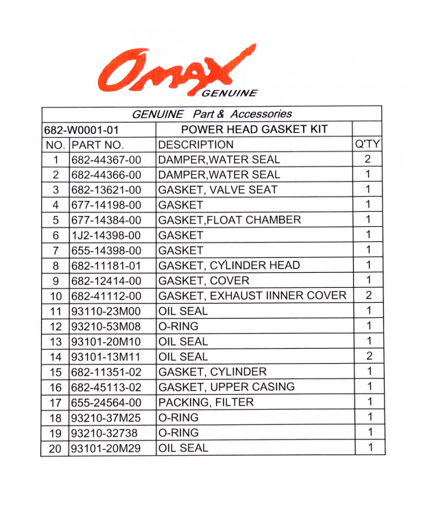 Ремкомплект прокладок блока Yamaha 9.9D/15D, арт. 682W000101_OM,          OMAX  Ремкомплект прокладок блока Yamaha 9.9D/15D, арт. 682W000101_OM,          OMAX