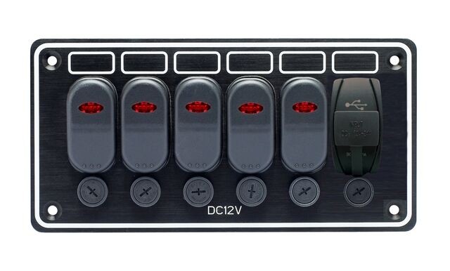 Панель бортового питания 5 переключателей, USB зарядка, арт. 10147-BKU,          AAA 