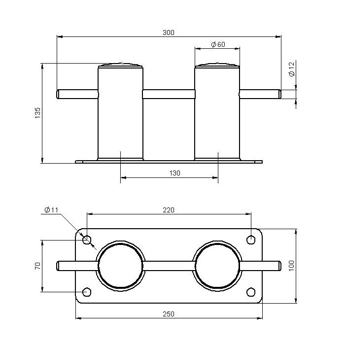 Кнехт двойной 60 мм с основанием, арт. 020206T,          Техномарин 
