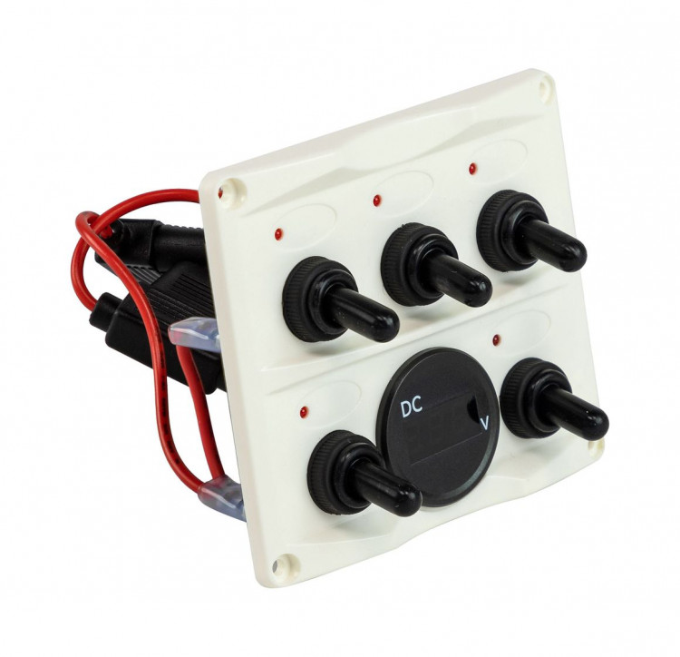 Панель бортового питания 5 переключателей, индикация, вольтметр, белая, арт. C10430W,          Easterner  Панель бортового питания 5 переключателей, индикация, вольтметр, белая, арт. C10430W,          Easterner