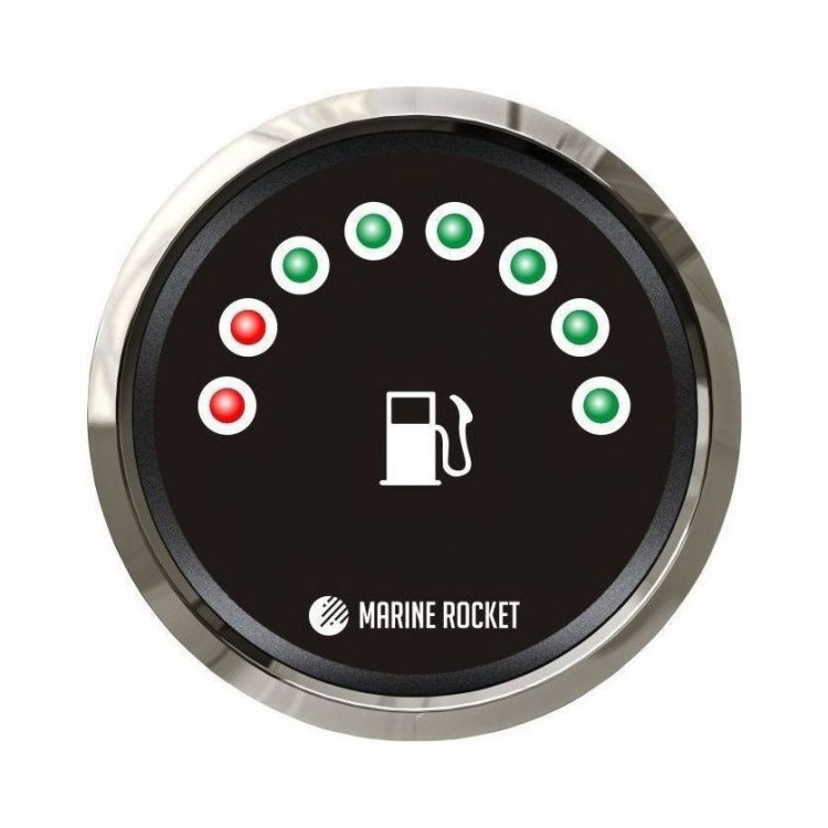 Указатель уровня топлива светодиодный, черный циферблат, нержавеющий ободок, д. 52 мм, арт. FLM0010BSMR,          MARINE ROCKET 
