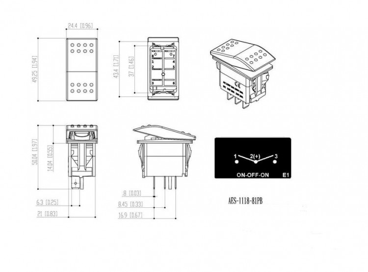 Переключатель трехпозиционный ON-OFF-ON 12В/20А 3Р, арт. AES111881PB,          AES.Co 