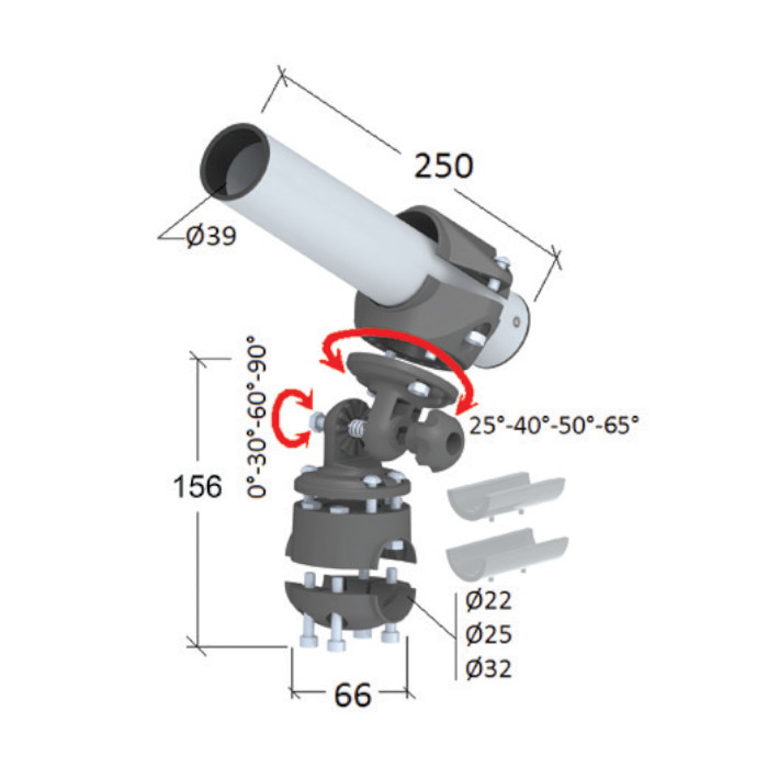 Держатель спиннинга сквозной на леер наклонный, алюминий, арт. 030631T,          Техномарин 