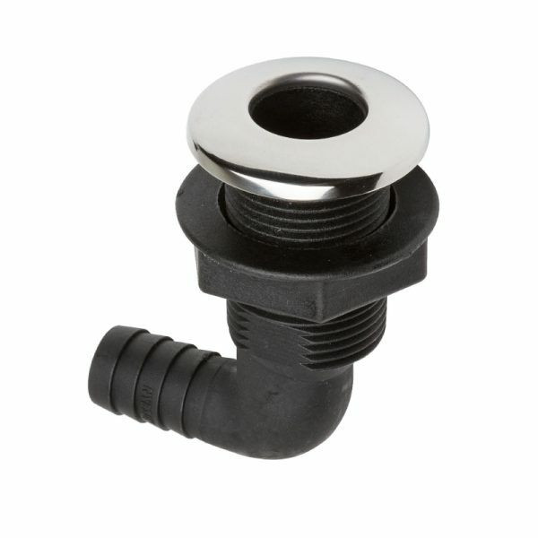 Разъем водосброса угловой пластиковый с крышкой из нержавеющей стали под шланг 25 мм, черный, арт. BS3512,          CAN-SB 