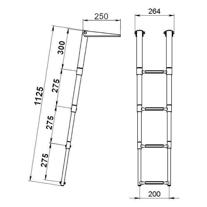 Трап телескопический складной узкий, 4 серых ступени (ширина 264 мм.), арт. 040162GT,          Техномарин 