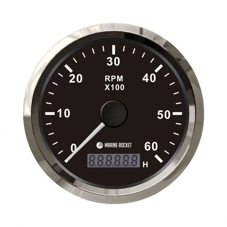 Тахометр 0-6000 об/мин со счетчиком моточасов делитель 1-10, черный циферблат, нержавеющий ободок, арт. TMA6004BSMR,          MARINE ROCKET 