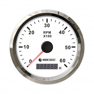Тахометр 0-6000 об/мин со счетчиком моточасов делитель 1-10, белый циферблат, нержавеющий ободок, Marine Rocket