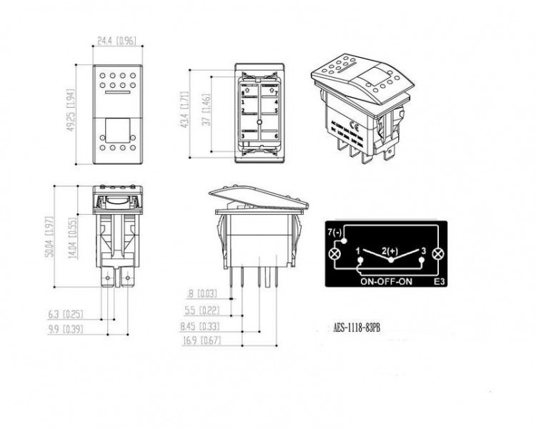 Переключатель трехпозиционный ON-OFF-ON 12В/20А 4Р с подсветкой, арт. AES111883PB,          AES.Co 